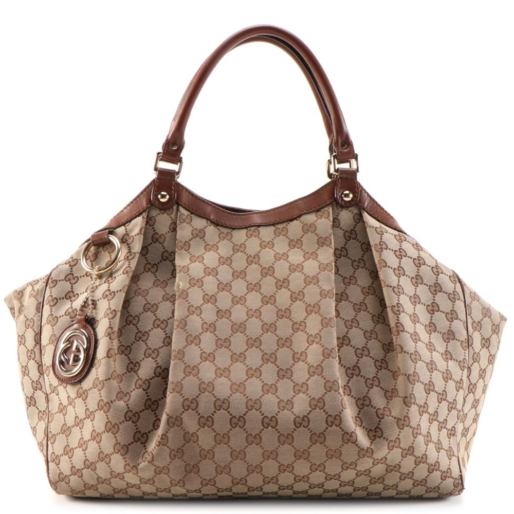 Gucci Grand Sukey Satchel - GG Canvas and Brown Leather